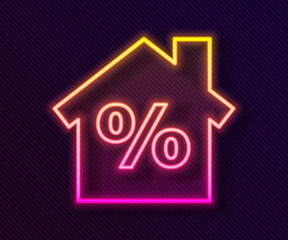 Glowing neon line House with percant discount tag icon isolated on black background. Real estate home. Credit percentage symbol. Vector Illustration.