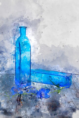 Digital watercolor painting of Romantic vintage retro look applied to flower and garden paraphenalia still life image with Spring and Summer seasonal blooms