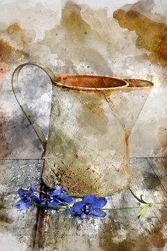 Digital watercolor painting of Romantic vintage retro look applied to flower and garden paraphenalia still life image with Spring and Summer seasonal blooms