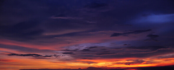 Dramatic tropical sunset sky panorama.