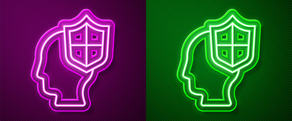 Glowing neon line Human head with shield icon isolated on purple and green background. Vector.