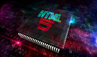 HTML5 programming symbol and processor factory 3d illustration