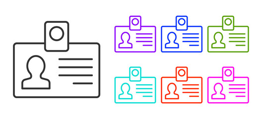 Black line Identification badge icon isolated on white background. It can be used for presentation, identity of the company, advertising. Set icons colorful. Vector.