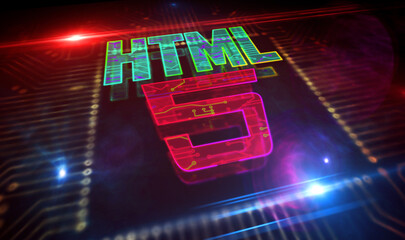 HTML5 programming symbol and processor factory 3d illustration