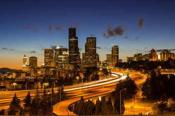 Seattle downtown cityscape at dusk