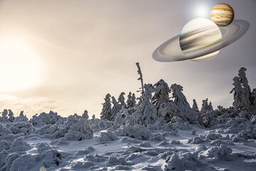 Great Conjunction: Jupiter and Saturn Meet on Solstice.  sky cosmic background . 3 D - image