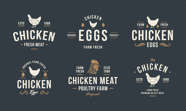 Chicken egg, Chicken meat logo, label. Vintage Chicken logo templates with hen silhouette. Retro hipster poultry emblems and posters for restaurant, butcher shop, packaging design. Vector illustration