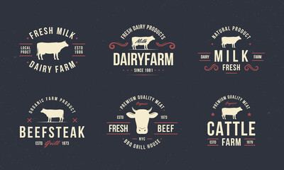 Beef, cow logo set. Vintage beef logo templates with cow silhouette. Beef emblems for butcher shop, restaurant, steak house, restaurant, barbecue, grocery store design.Vector illustration