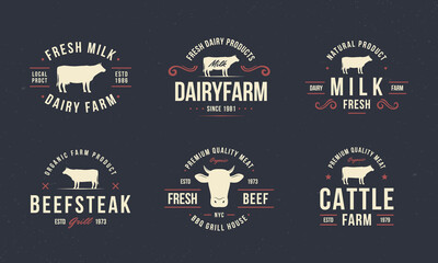 Obraz premium Beef, cow logo set. Vintage beef logo templates with cow silhouette. Beef emblems for butcher shop, restaurant, steak house, restaurant, barbecue, grocery store design.Vector illustration