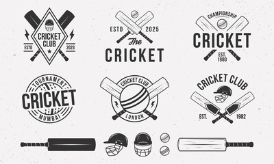 Cricket emblems, logos, badges templates. Set of 6 Cricket logos and 6 design elements. Cricket bat, ball and helmet isolated on white background. Cricket team vector emblems