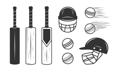 Cricket set isolated on white background. Cricket bat, ball and helmet. Cricket design elements for logo, label, badge, poster. Vector illustration