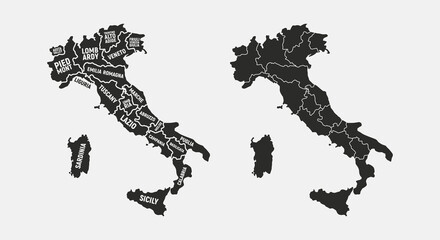 Set of Italy maps. Poster map of Italy with regions names. Blank Italy map. Map of Italy. Vector illustration © Denys Holovatiuk