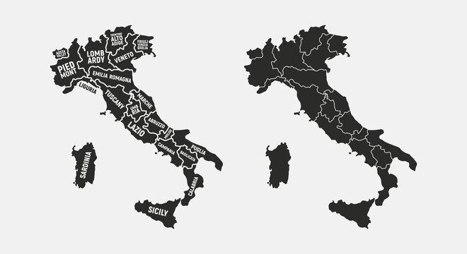 Set of Italy maps. Poster map of Italy with regions names. Blank Italy map. Map of Italy. Vector illustration