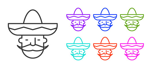 Black line Mexican man wearing sombrero icon isolated on white background. Hispanic man with a mustache. Set icons colorful. Vector.