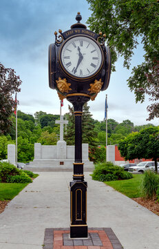 Paris, Ontario, Canada - June 9, 2018: New clock in downtown Paris on the Cenotaph property, installed in 2016.