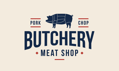 Butchery logo. Pork, pig logo. Emblem for poster with pig silhouette and vintage typography. Poster, logo for butcher shop, meat shop, restaurant, bbq and grocery store. Vector illustration