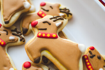 Close-up of homemade Rudolph the Red-nosed Reindeer Christmas cookies