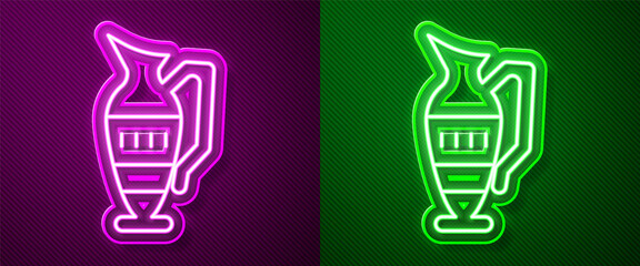 Glowing neon line Ancient amphorae icon isolated on purple and green background. Vector.