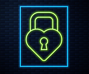 Glowing neon line Castle in the shape of a heart icon isolated on brick wall background. Locked Heart. Love symbol and keyhole sign. Vector.