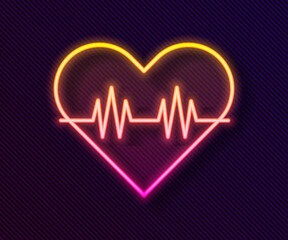 Glowing neon line Heart rate icon isolated on black background. Heartbeat sign. Heart pulse icon. Cardiogram icon. Vector.