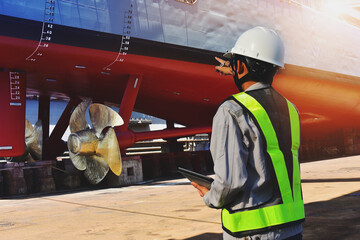 Shipyard Stern ship propeller, rudder and shafting port controller, surveyor, inspecting the final repairing of propeller on dry dock - obrazy, fototapety, plakaty