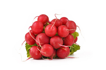 Bunch of raw cultivated radishes isolated on white background