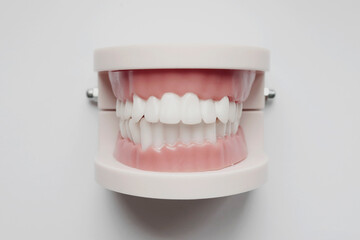 Dental model of human teeth. Medical banner. White smile, whitening. Brushing your teeth. Treatment of dental caries. Care for the oral cavity. A dental prosthesis. Implantation.