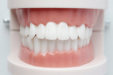 Dental model of human teeth. Medical banner. White smile, whitening. Brushing your teeth. Treatment of dental caries. Care for the oral cavity. A dental prosthesis. Implantation.