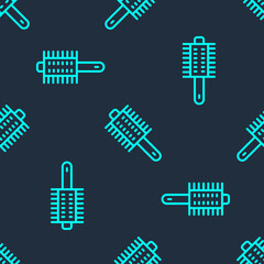 Green line Hairbrush icon isolated seamless pattern on blue background. Comb hair sign. Barber symbol. Vector.