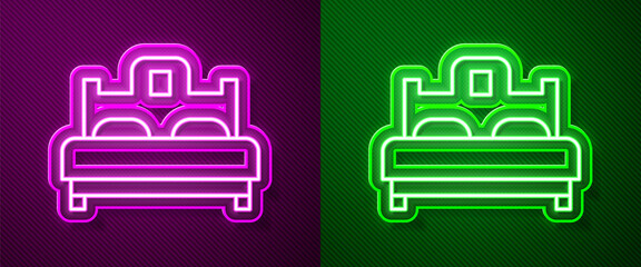 Glowing neon line Bedroom icon isolated on purple and green background. Wedding, love, marriage symbol. Bedroom creative icon from honeymoon collection. Vector.