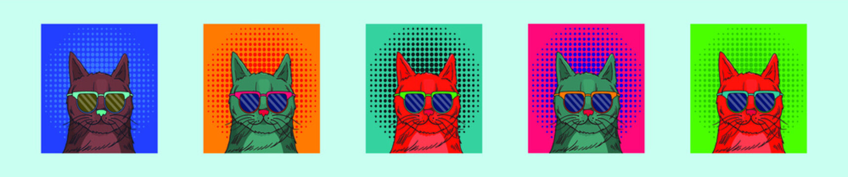 set of cat pop art cartoon icon design template with various models. vector illustration isolated on blue background