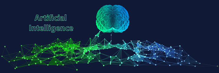 Abstract brain and virtual  grid on dark background. Artificial intelligence. Science and technology neural network concept. Vector illustration.