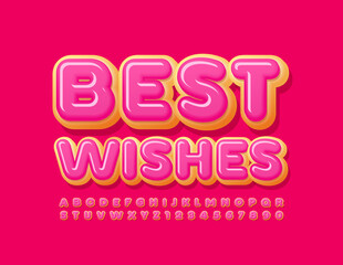 Vector tasty greeting card Best Wishes. Sweet creative Font. Cake Alphabet Letters and Numbers set