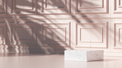 Minimal Pastel color background and white marble podium for product and cosmetic presentation. Natural sunshade, the shadow on the classic decorated wall. realistic rendering 3D illustration.