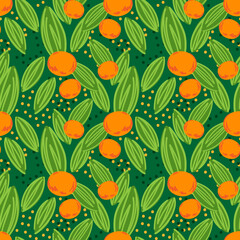 mandarin seamless pattern vector illustration. Summer design repeated textile with citrus fruits. Wallpaper printing background for boys and girls.