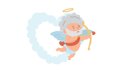 Cupid appearing from heart cloud and shooting with an arrow from bow