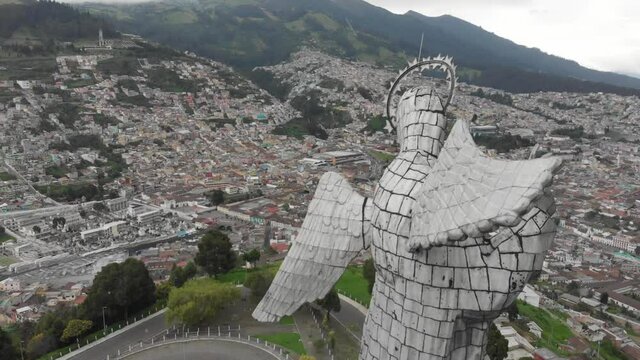 Aerial from the Panecillo, old town Quito- Ecuador. This statue represents the Virgin of Panecillo. It is located on the top of the omonymous hill in Quito