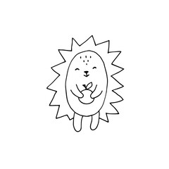 Hedgehog with an apple in his paws. Vector hand-drawn doodle illustration. Black and white outline. Coloring.