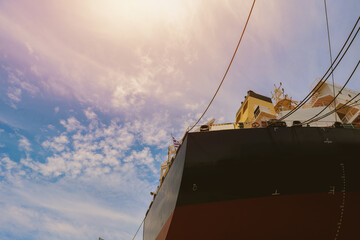 Shipyard Stern View cargo ship, mooring alongside in the sea under Maintenance and repair during...