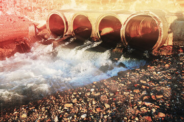 Waste water drains from factory of pipe clean after sewage treatment to release in to the sea on...