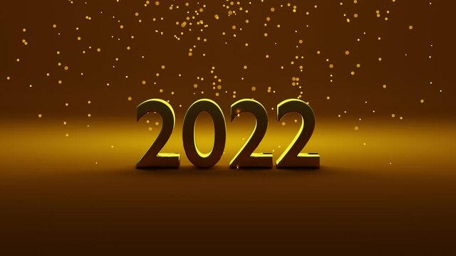 Number 2022 of gold color is placed on gradient gold background. Particles of light are falling from top side. Concept of celebration for new year 2022. Happy new year greeting image. 3D render.