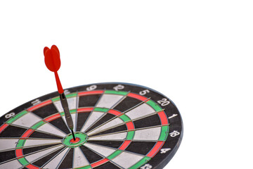 Fototapeta premium Red Dart arrow hitting in the target center of dartboard isolated on white background