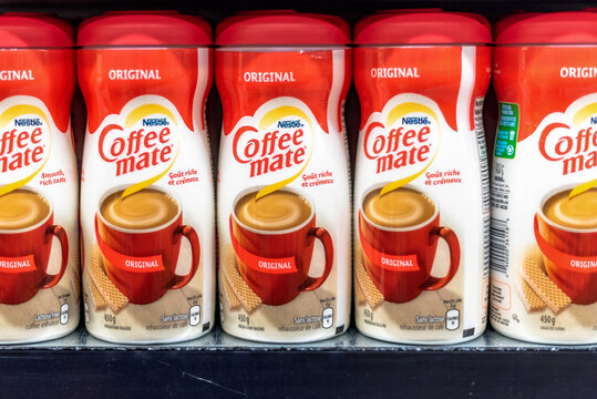 Coffee Mate plastic bottles in store shelf, Toronto, Canada