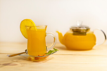 Sea buckthorn tea with lemon, a drink to boost immunity during the coronavirus pandemic.