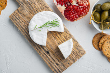 French camembert cheese, on white background, top view  with copy space for text