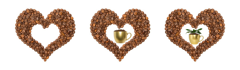 Set of coffee hearts with coffee cups isolated on white