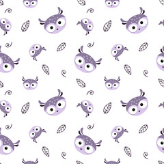 Seamless pattern with a cute owl face and a hand-drawn leaf, forest bird on a white background, suitable for children's design poster, postcard, banner, greeting card