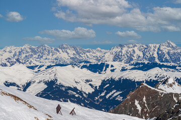 View of the snow-capped mountains from the Kitzsteinhorn Kaprun in Austria.