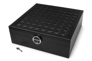 Black leather jewelry box with key
