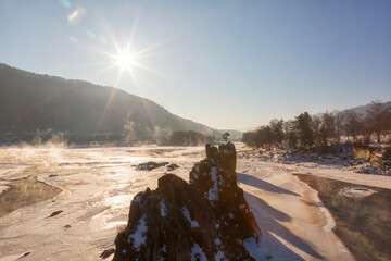 Rocks "Dragon's Teeth" on the Katun River in a winter morning, Altai, Russia